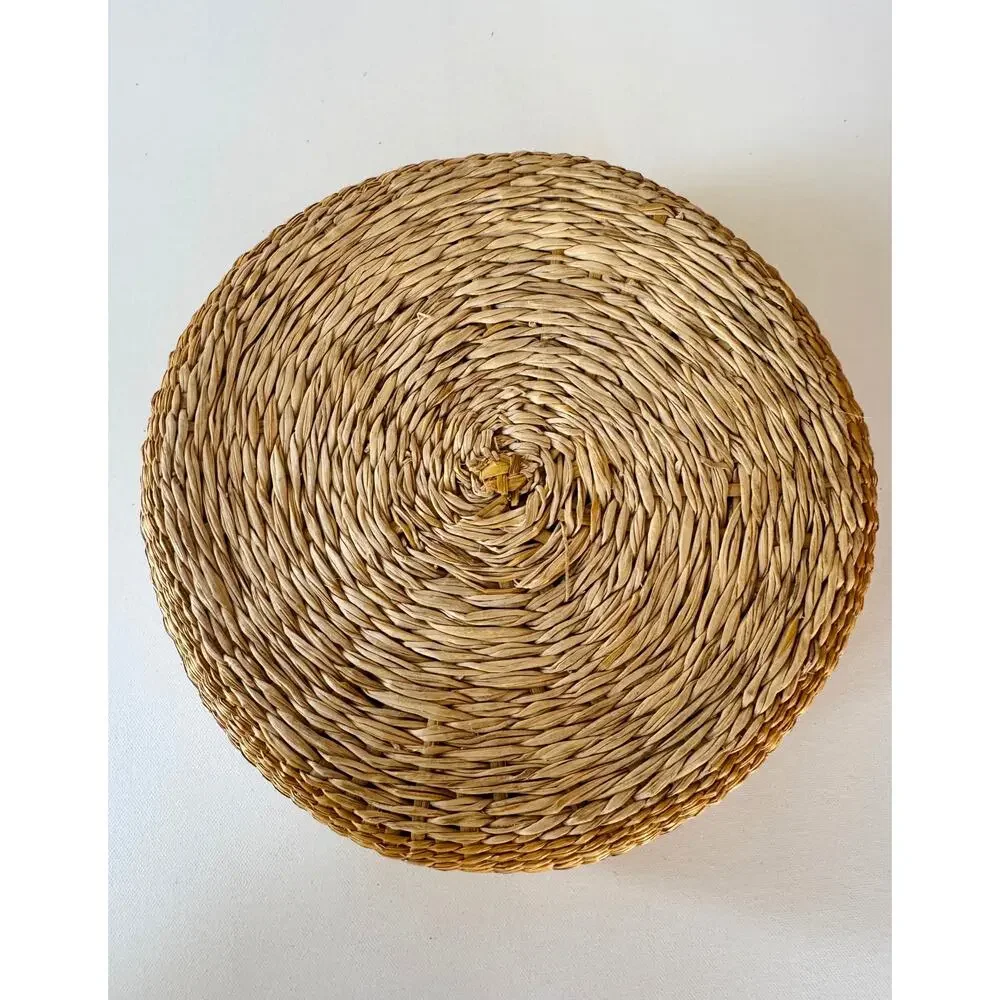 Vintage Handwoven Lidded Sweetgrass Basket with Colorful Geometric Design